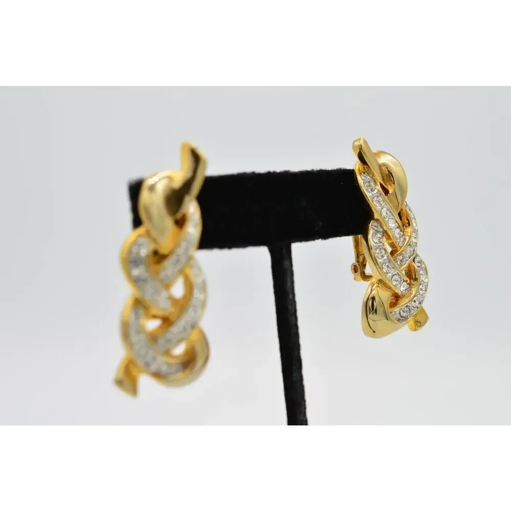 Vintage Crystal Clip On Earrings Chunky Braid Drop Gold Rhinestone NOS 1980s 9L